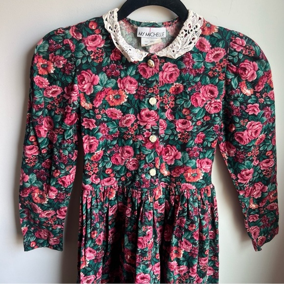 My Michelle Other - My Michelle Girls' Green Floral Lace-Collar Dress - Pink Roses - 10
